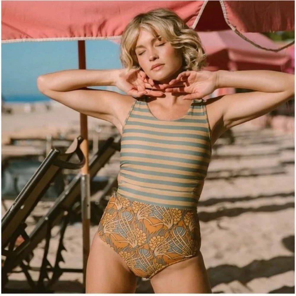 Striped & Floral High-Waist One-Piece Swimsuit in Sage and Mustard Albion Small
